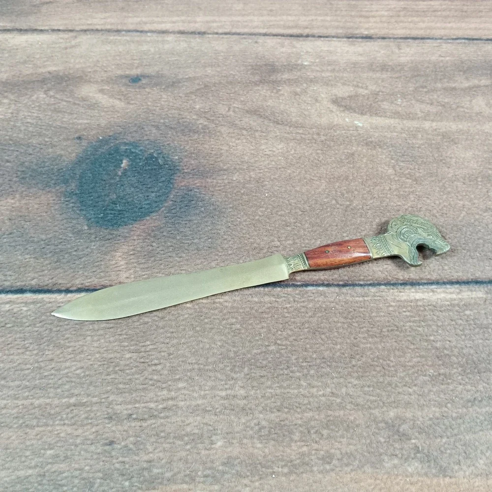 Vintage Brass Dragon Head Letter Opener Bottle Opener Wood Inlay Desk Accessory